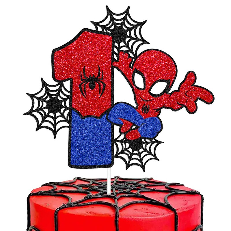 Drip cake Spiderman rouge et bleu à figurine et toile d'araignée ve